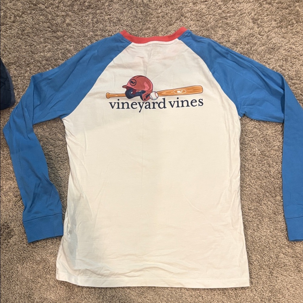 Vineyard Vines White Baseball Raglan Tee with Blue Sleeves and Red Trim